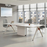 White Long Wooden Multi-person Conference Desk Image - 4