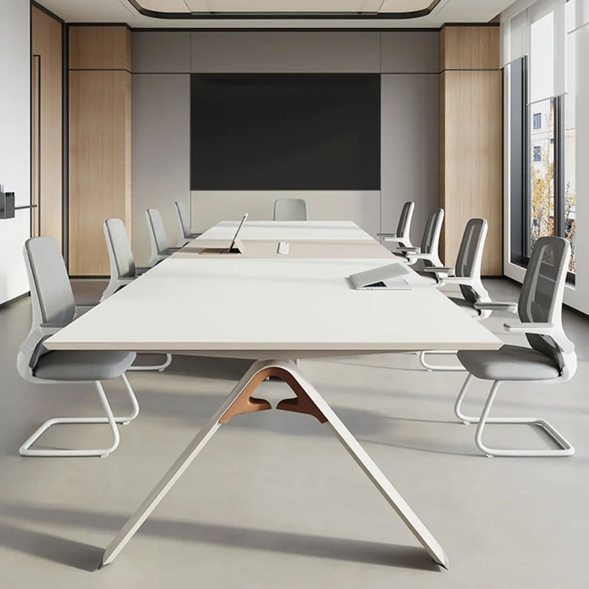White Long Wooden Multi-person Conference Desk Image - 5