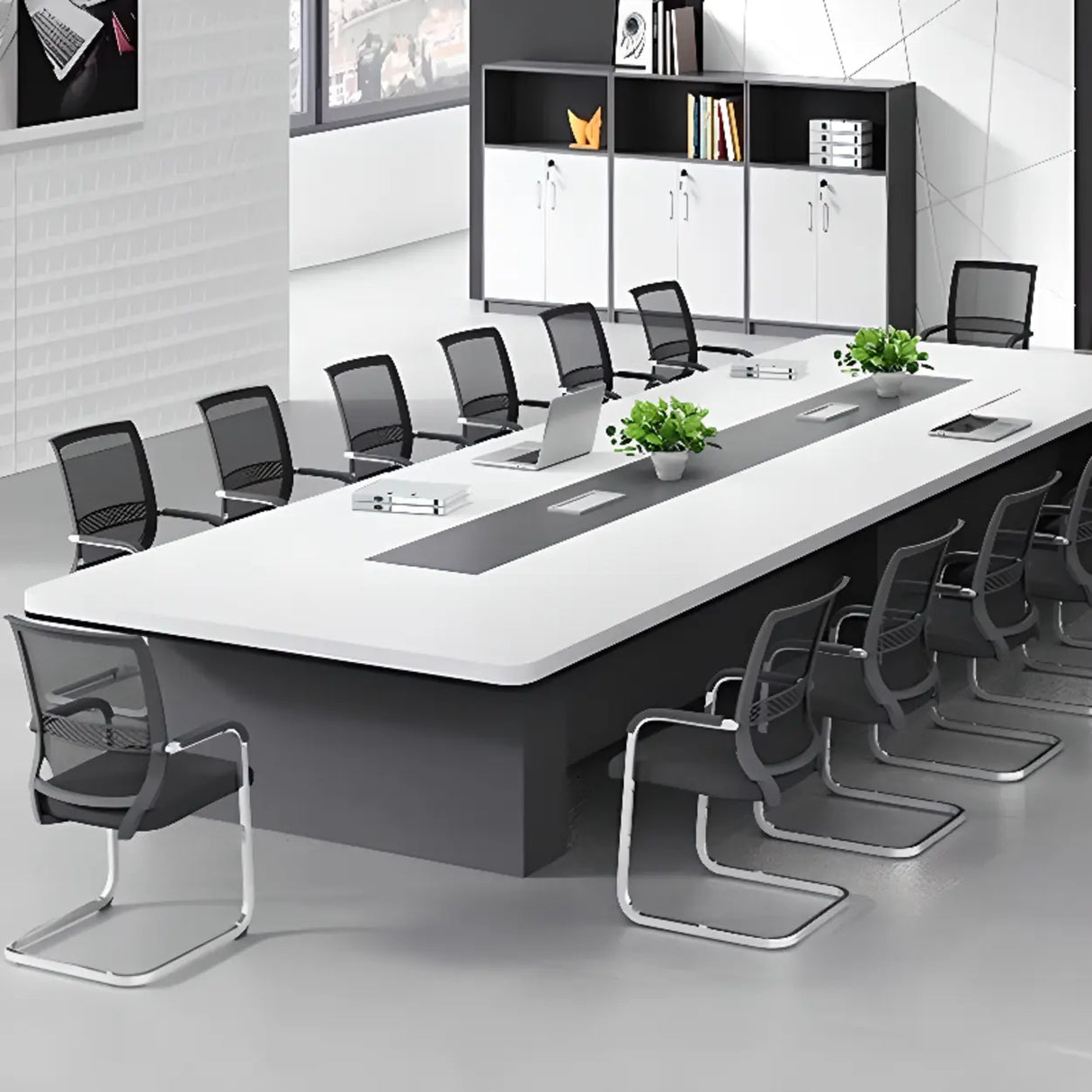 White Long Wooden Multi-personal Conference Desk Image - 1
