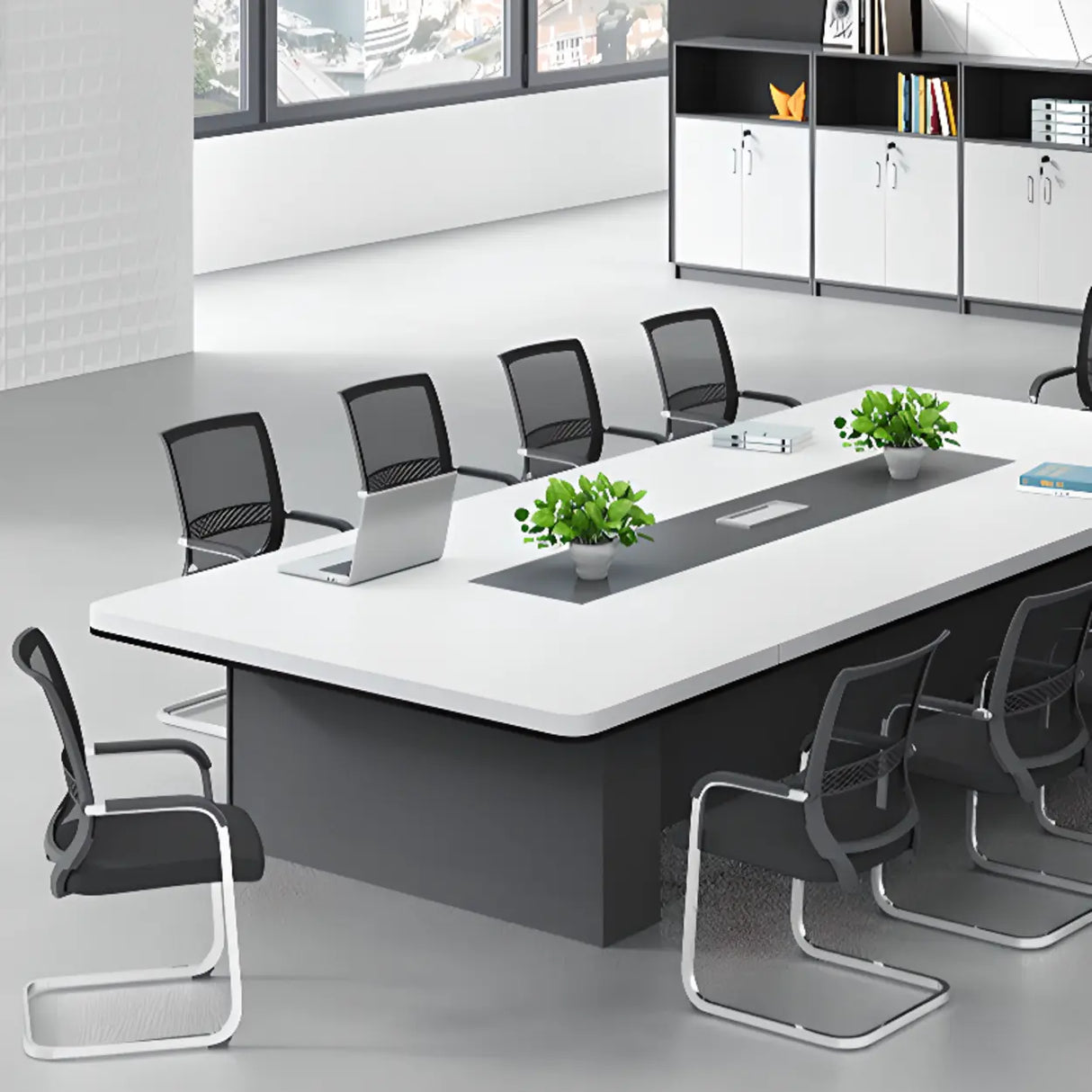 White Long Wooden Multi-personal Conference Desk Image - 5