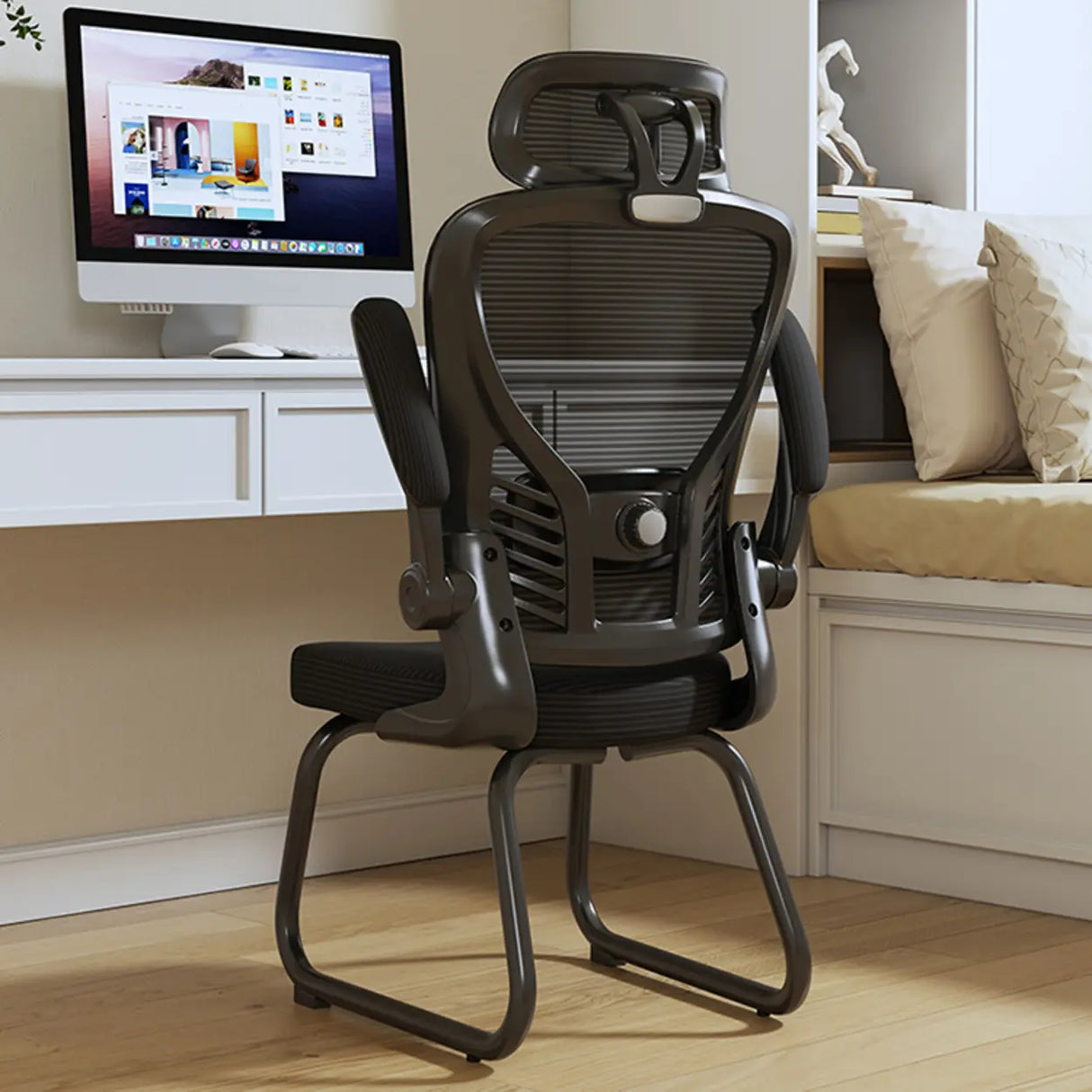 White Lumbar Support Steel Frame Ergonomic Mesh Office Chair Image - 11