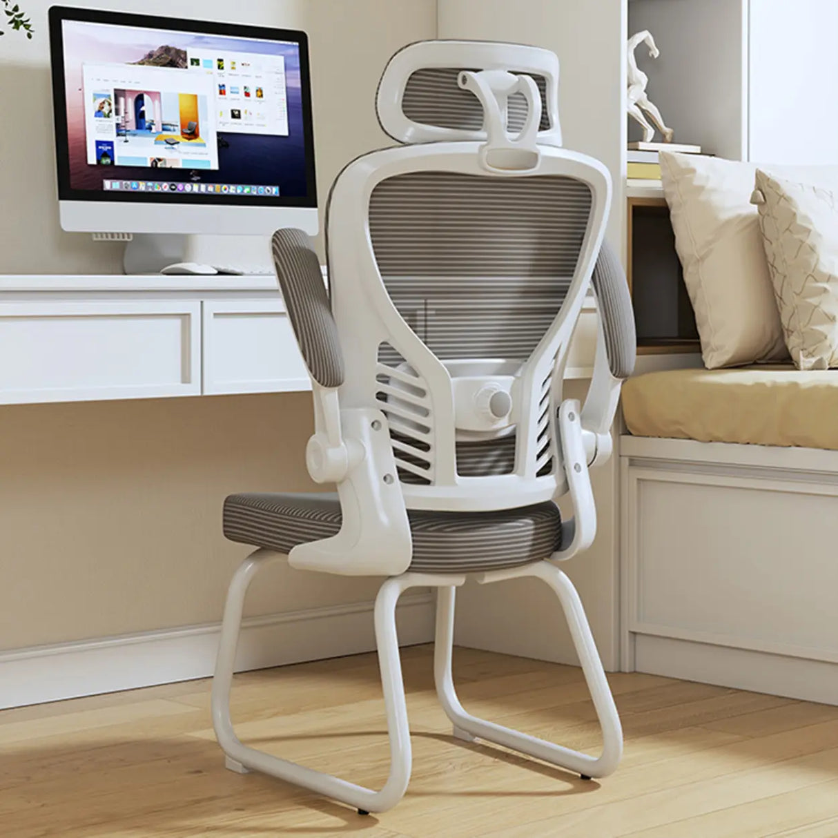 White Lumbar Support Steel Frame Ergonomic Mesh Office Chair Image - 14