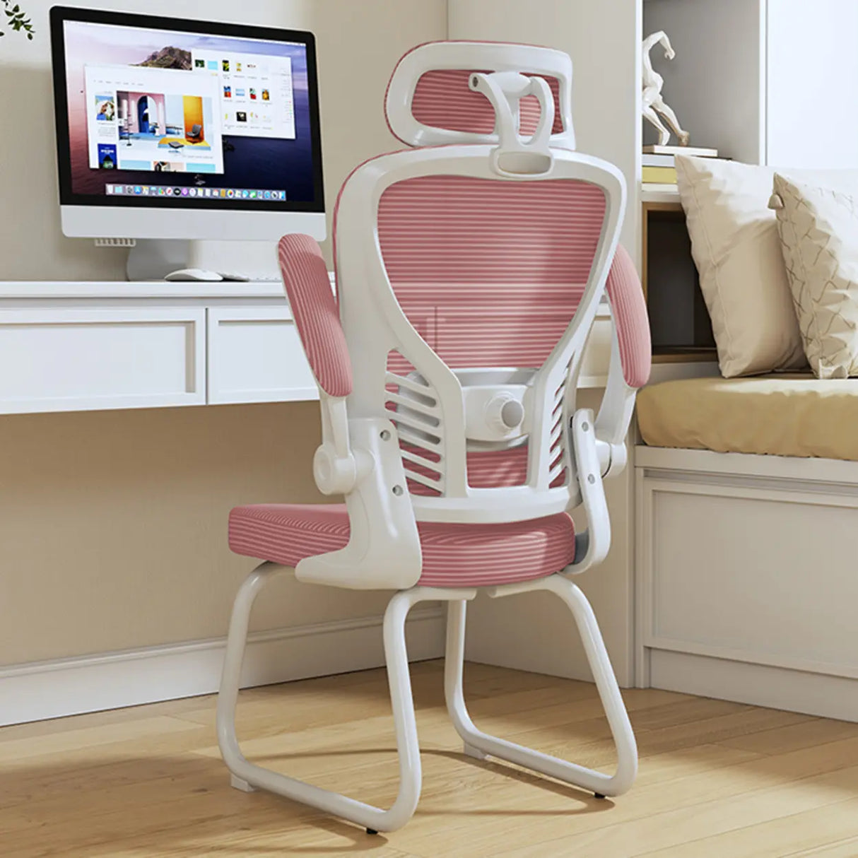 White Lumbar Support Steel Frame Ergonomic Mesh Office Chair Image - 15