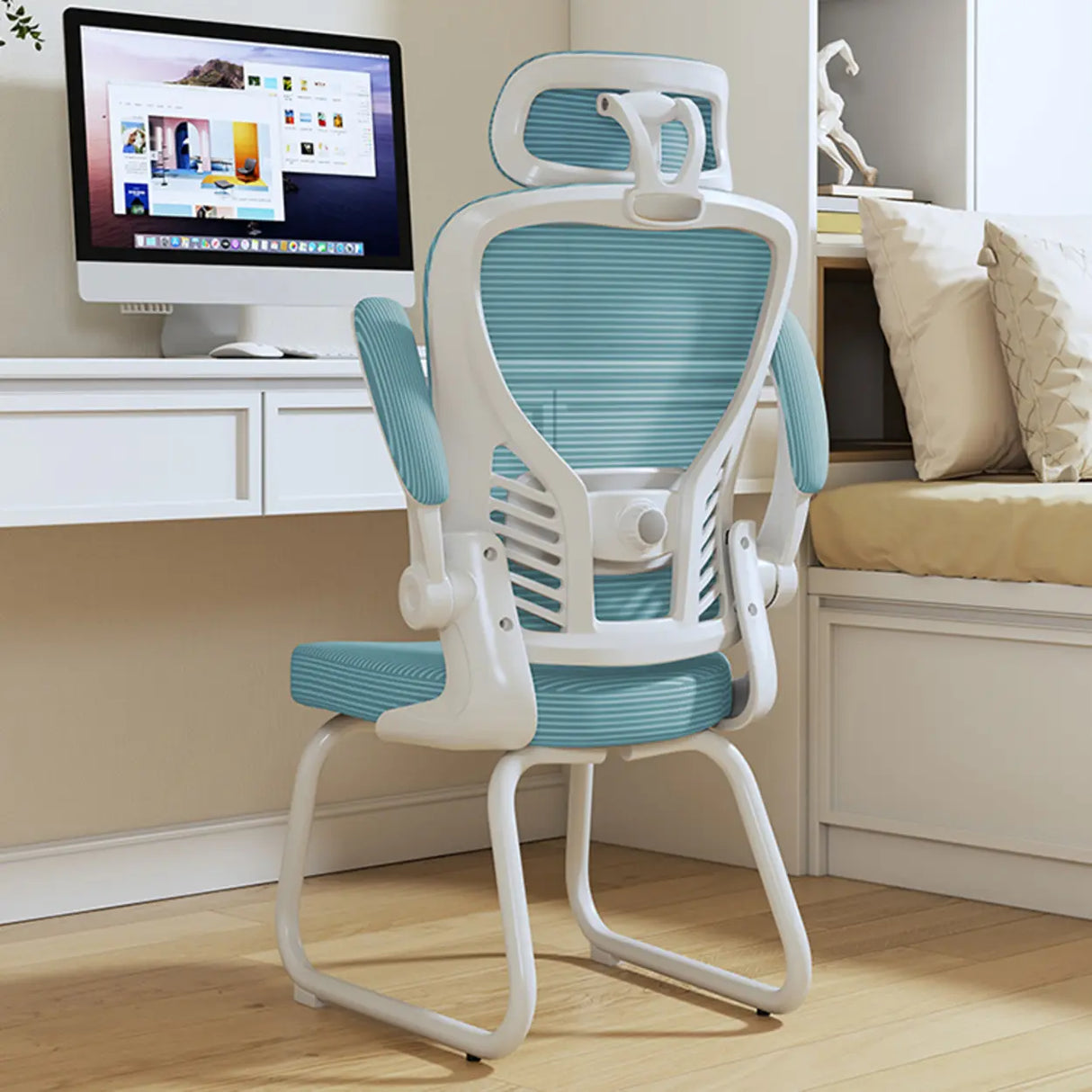 White Lumbar Support Steel Frame Ergonomic Mesh Office Chair Image - 16