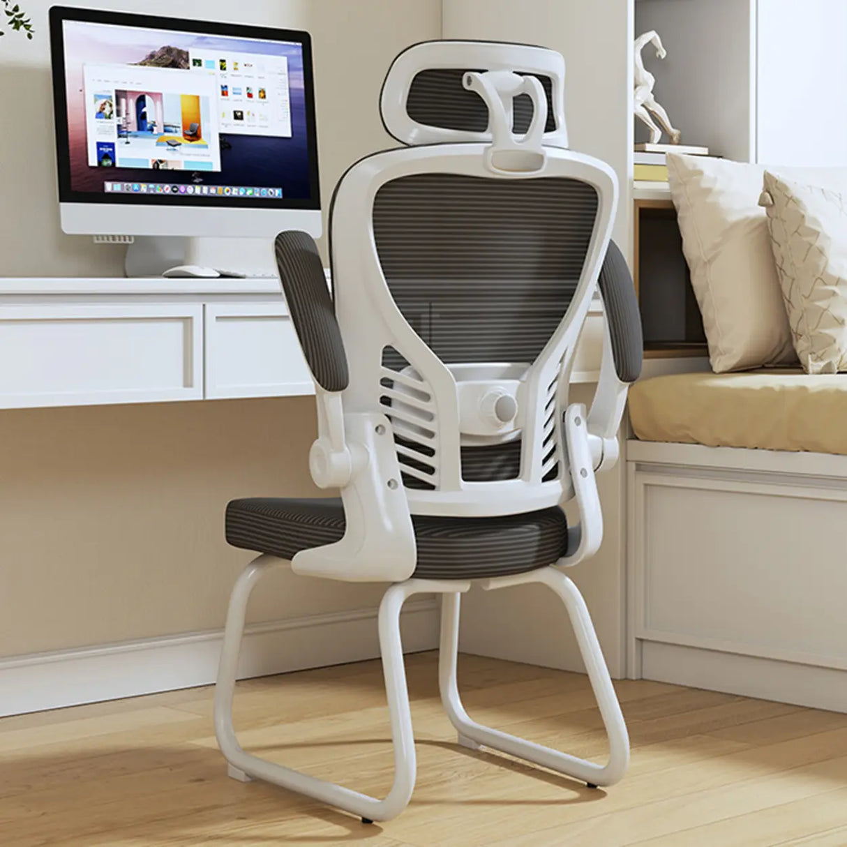 White Lumbar Support Steel Frame Ergonomic Mesh Office Chair Image - 17