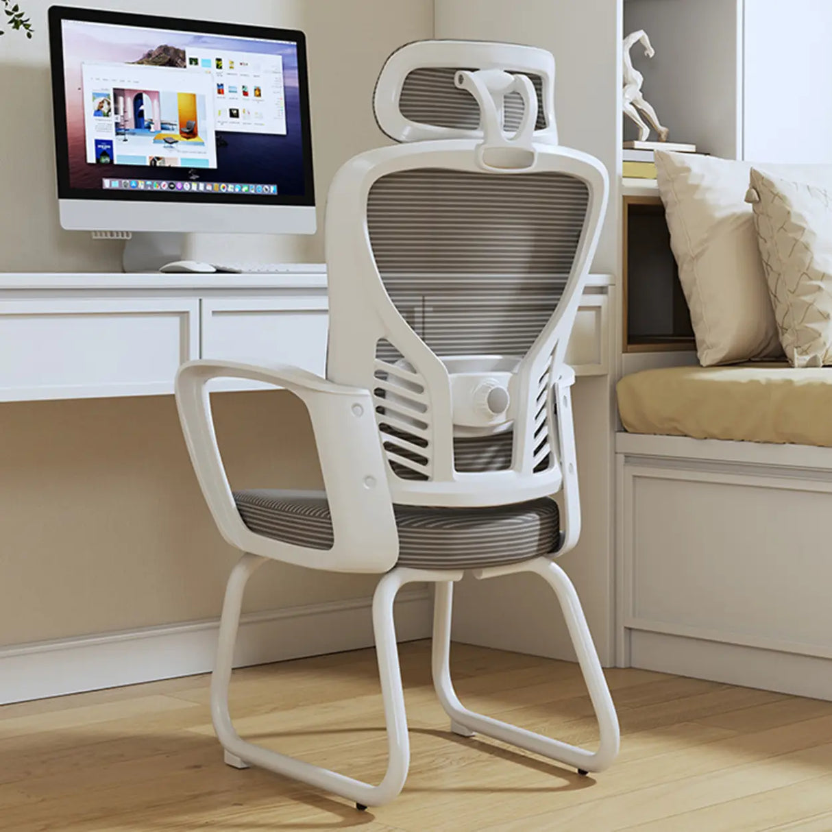 White Lumbar Support Steel Frame Ergonomic Mesh Office Chair Image - 4