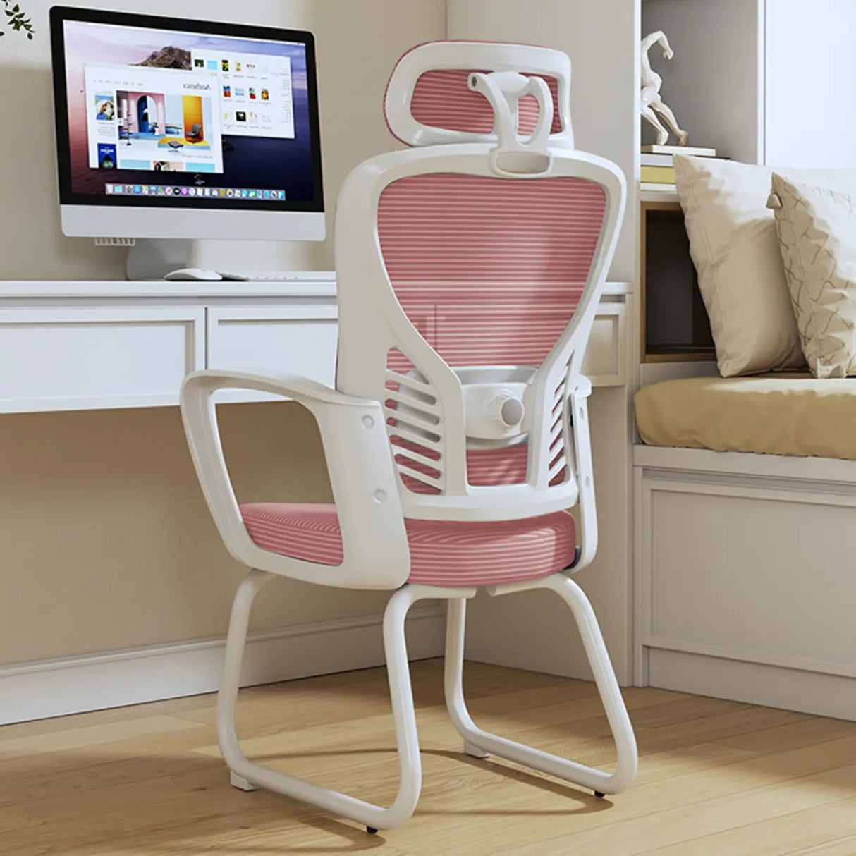 White Lumbar Support Steel Frame Ergonomic Mesh Office Chair Image - 5