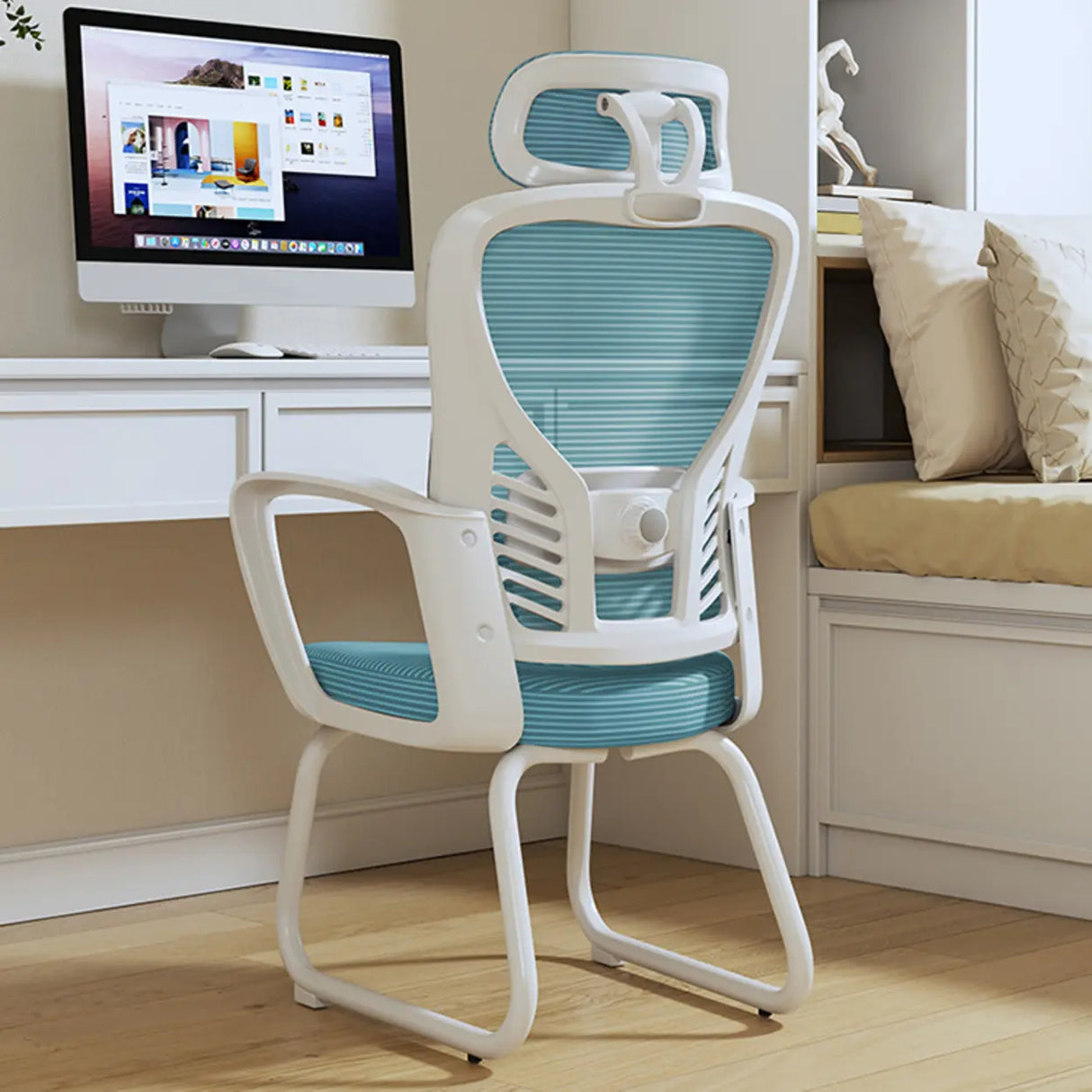 White Lumbar Support Steel Frame Ergonomic Mesh Office Chair Image - 7