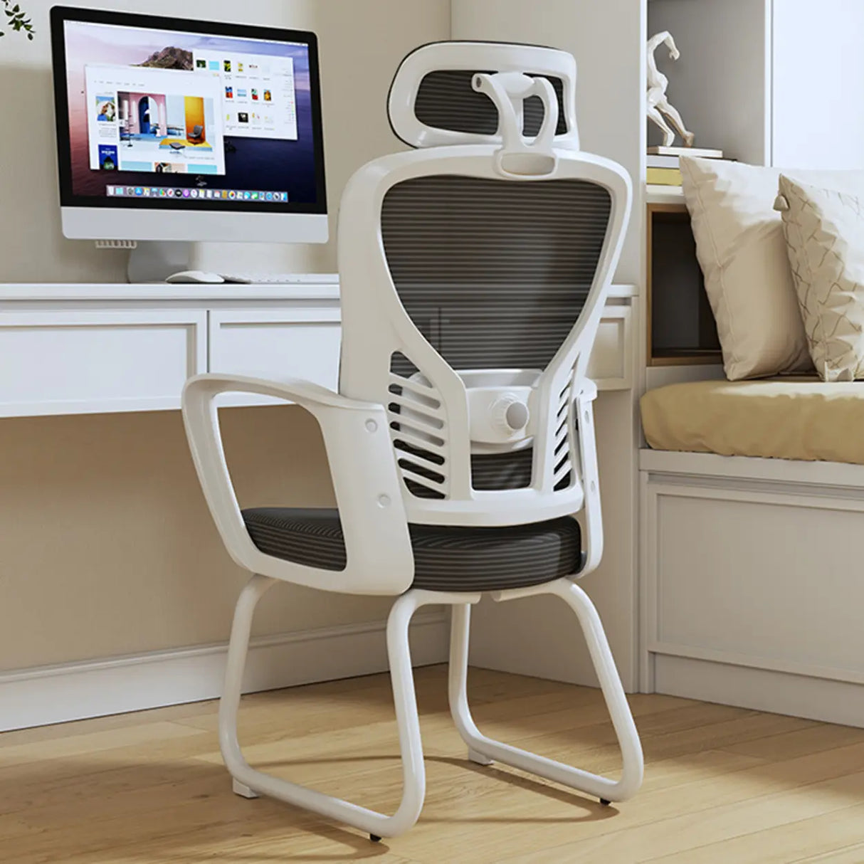 White Lumbar Support Steel Frame Ergonomic Mesh Office Chair Image - 9