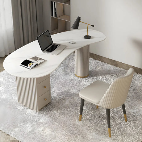 White Marble Curved Free Form Writing Desk with Drawers Image - 1