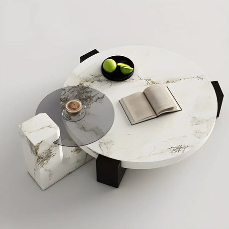 White Marble Round Coffee Table with Wood Three Legs Image - 1