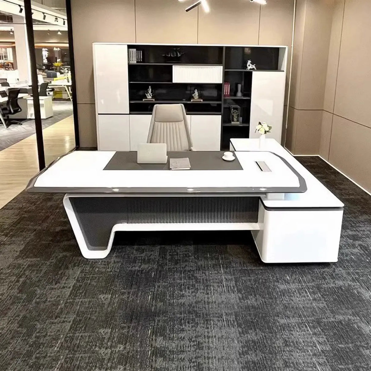 White Marble Storage Drawers L-Shape Executive Desk Image - 1