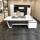 White Marble Storage Drawers L-Shape Executive Desk Image - 1