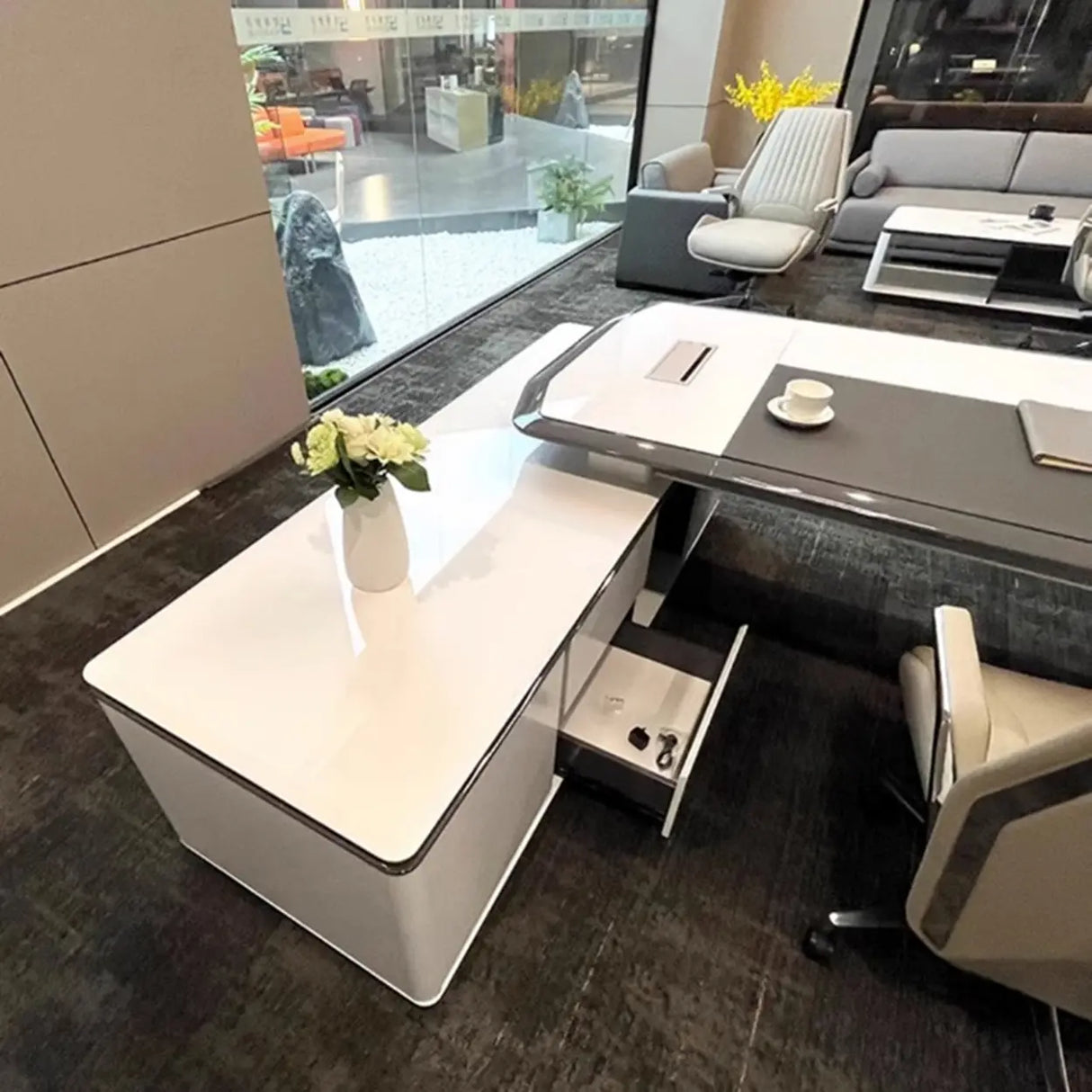 White Marble Storage Drawers L-Shape Executive Desk Image - 10