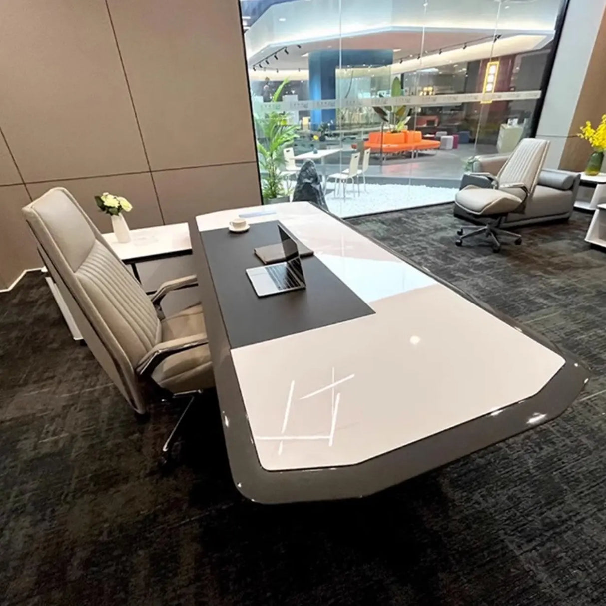 White Marble Storage Drawers L-Shape Executive Desk Image - 13