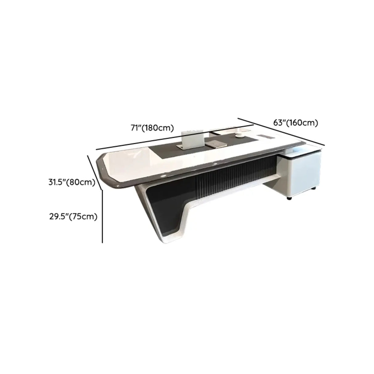 White Marble Storage Drawers L-Shape Executive Desk 