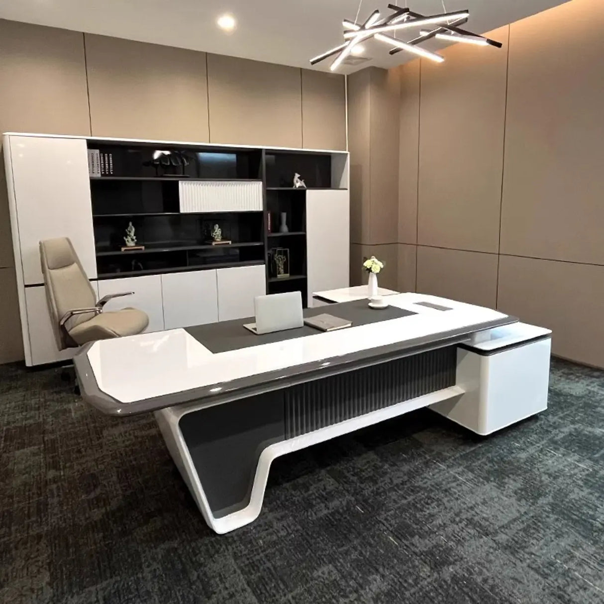 White Marble Storage Drawers L-Shape Executive Desk Image - 2