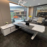 White Marble Storage Drawers L-Shape Executive Desk Image - 4