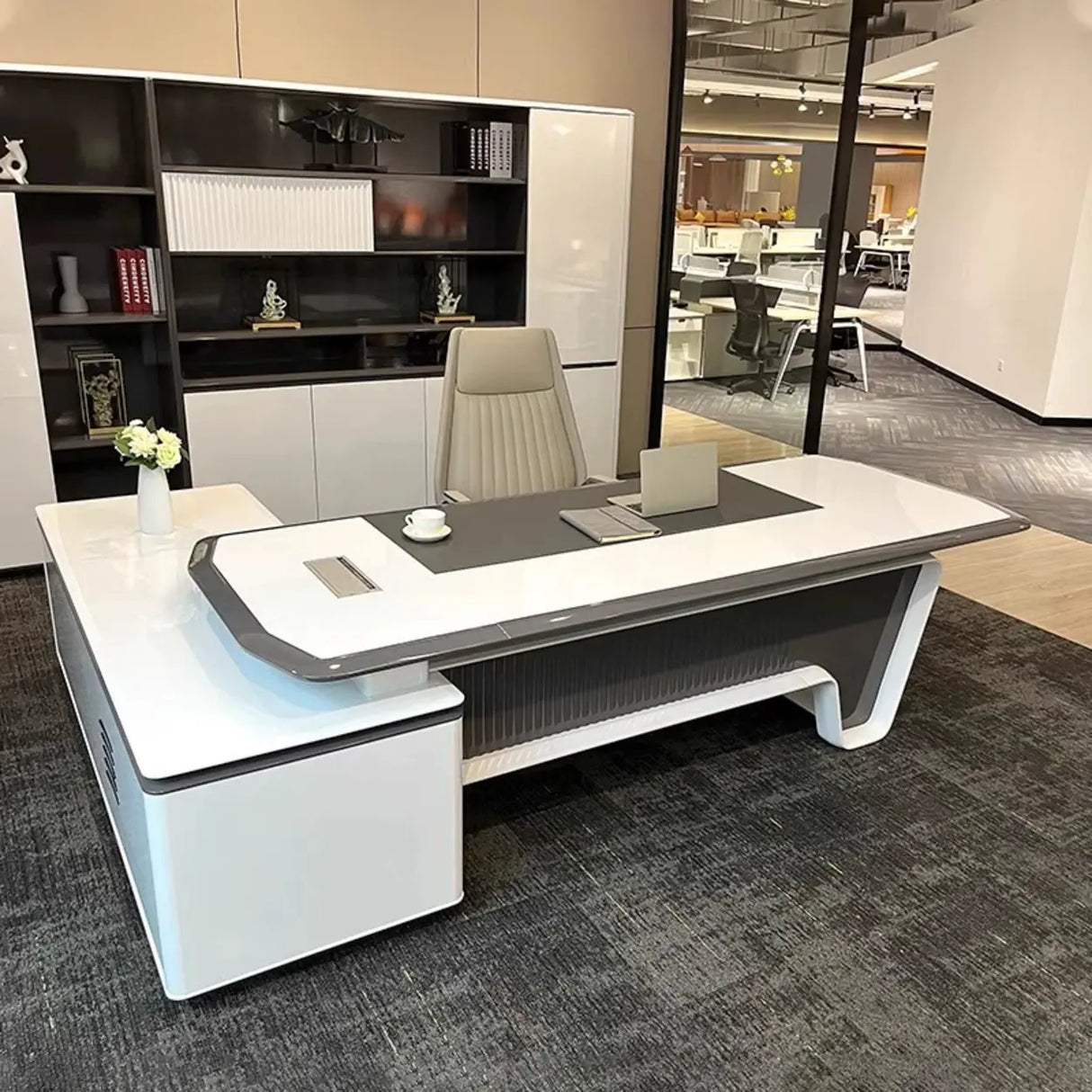 White Marble Storage Drawers L-Shape Executive Desk Image - 5