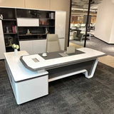 White Marble Storage Drawers L-Shape Executive Desk Image - 5