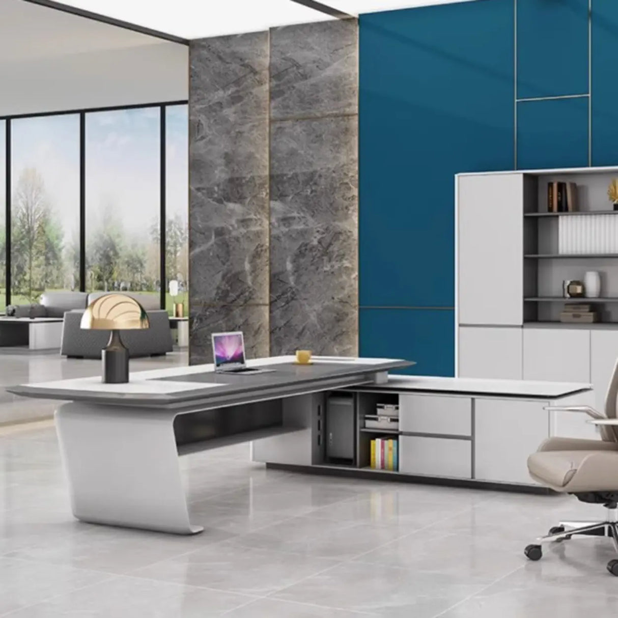 White Marble Storage Drawers L-Shape Executive Desk Image - 6