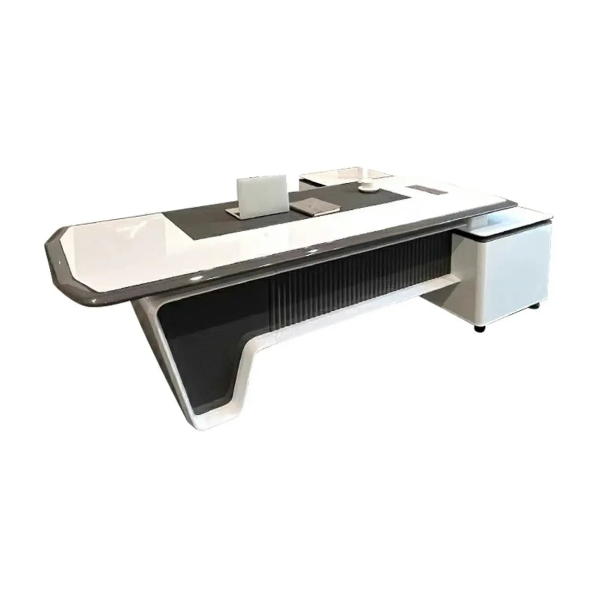 White Marble Storage Drawers L-Shape Executive Desk Image - 7