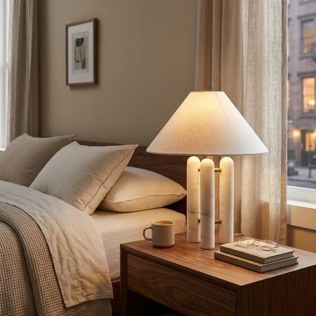 White Marble Table Lamp with Off White Fabric Shade Image - 1
