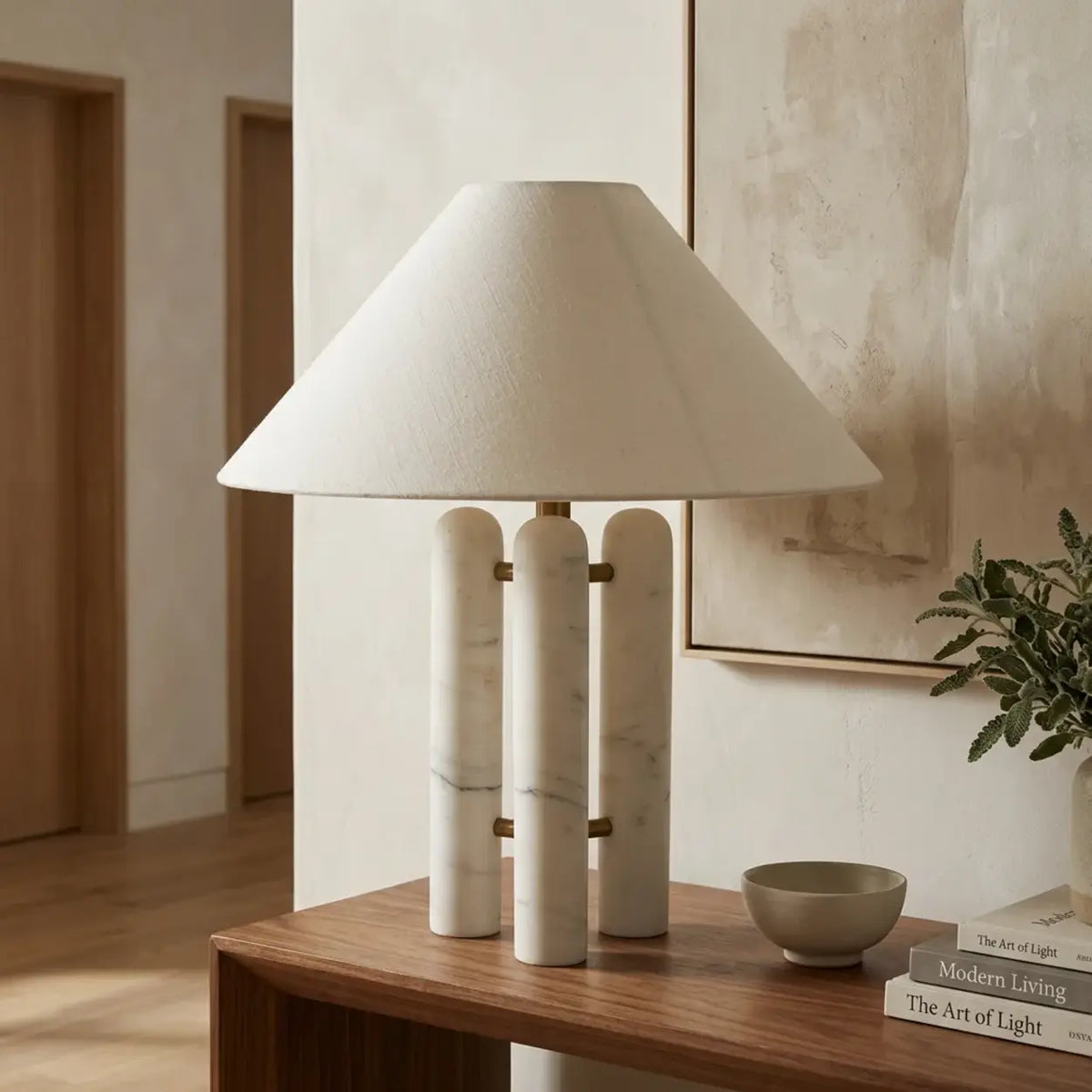 White White Marble Table Lamp with Off White Fabric Shade Image - 2