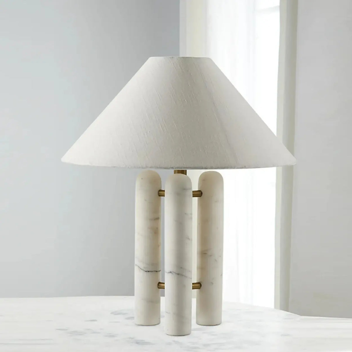 White Marble Table Lamp with Off White Fabric Shade Image - 3