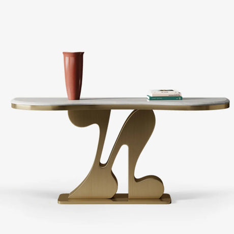 White Marble Top Irregular Metal Abstract Console Table Image - 1