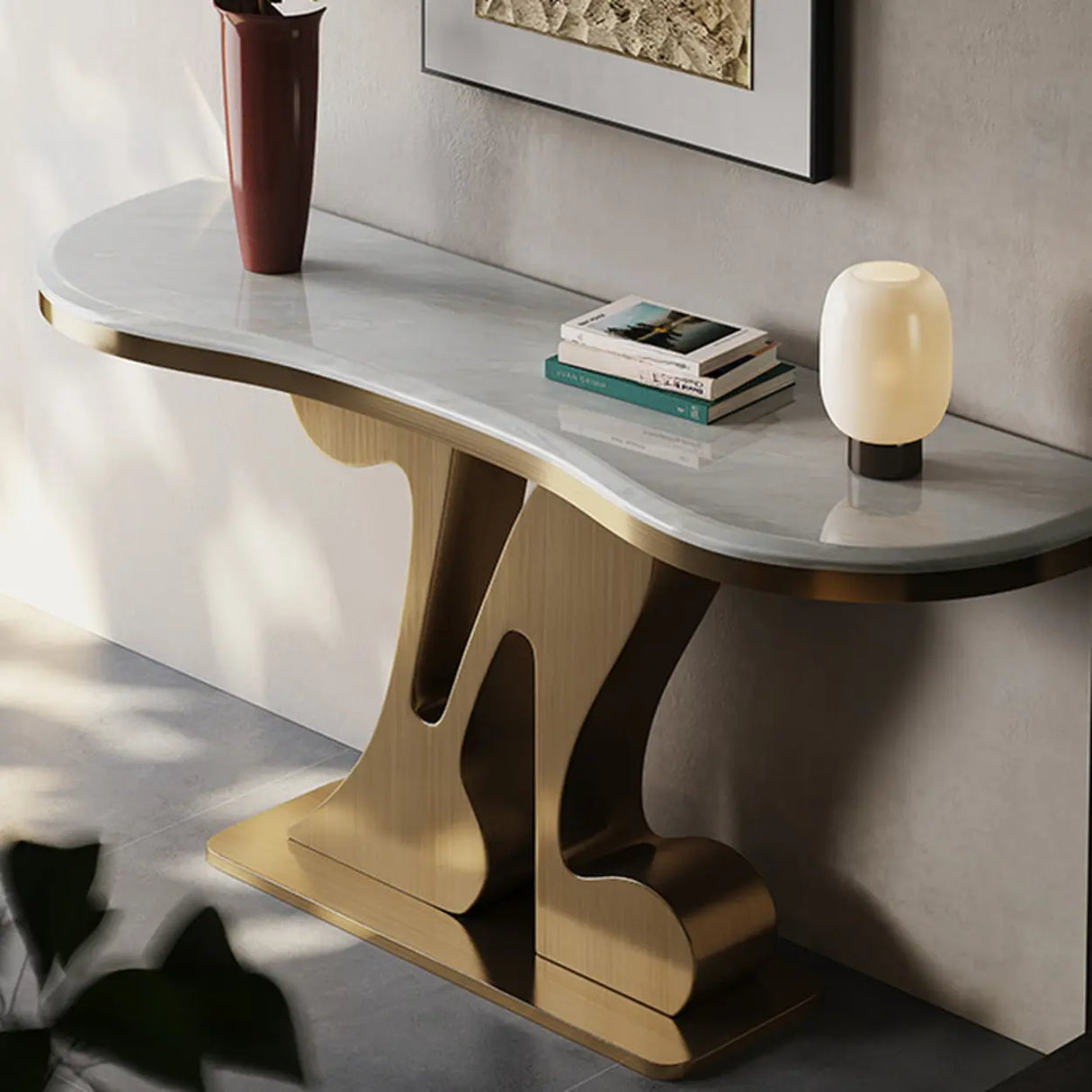 White Marble Top Irregular Metal Abstract Console Table Image - 4