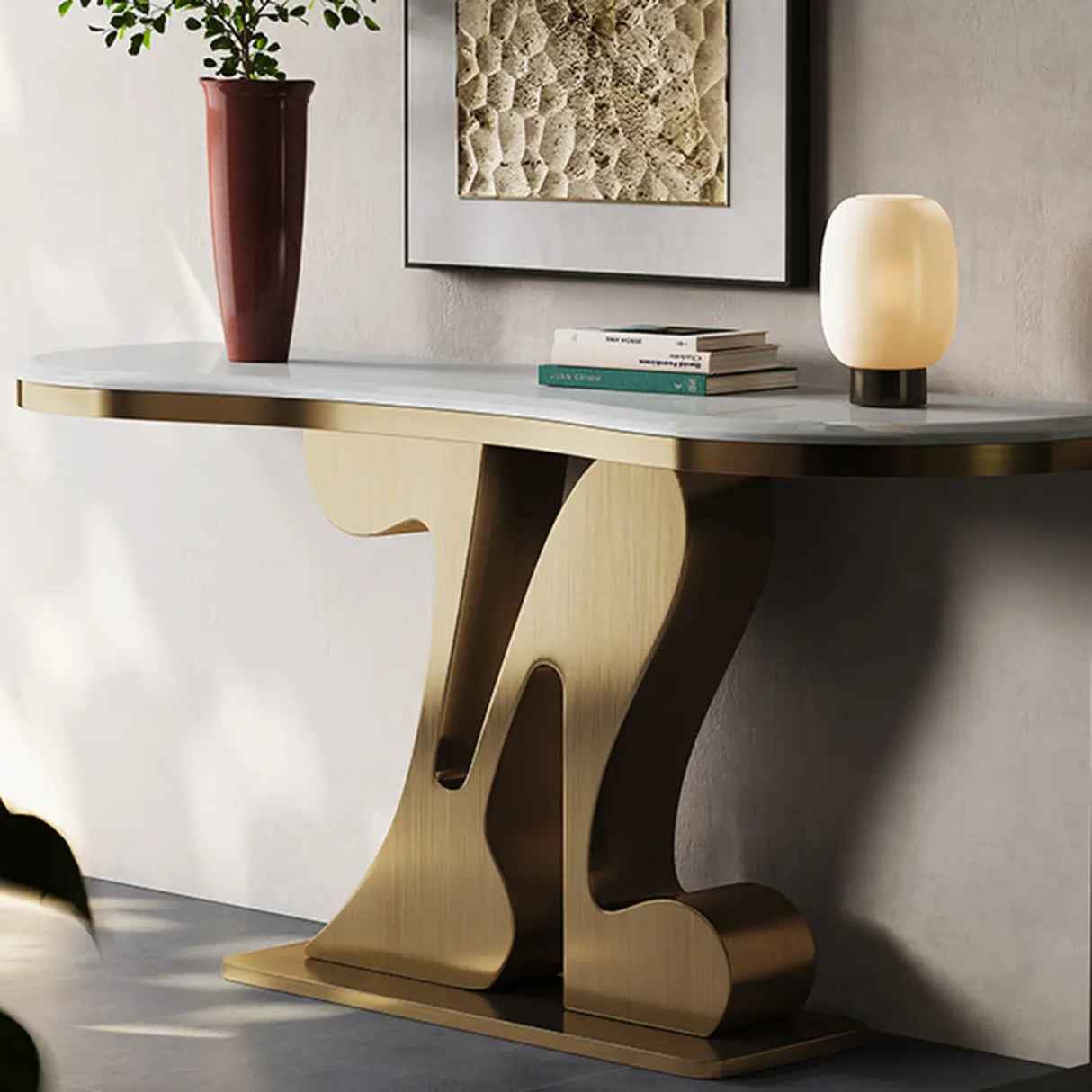 White Marble Top Irregular Metal Abstract Console Table Image - 6