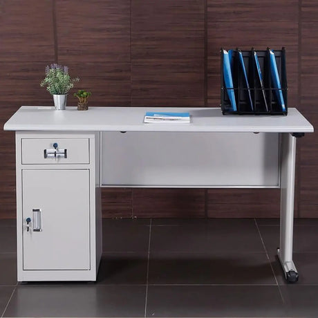 White Metal Computer Desk with Cabinets and Storage Image - 1