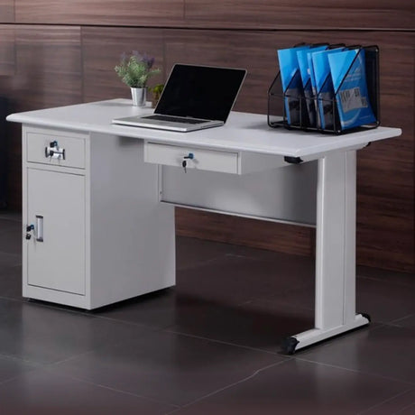 White Metal Computer Desk with Cabinets and Storage Image - 2