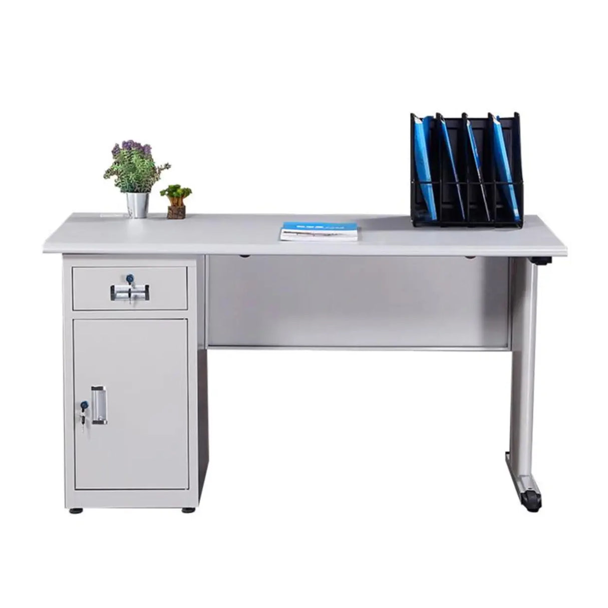 White Metal Computer Desk with Cabinets and Storage Image - 4