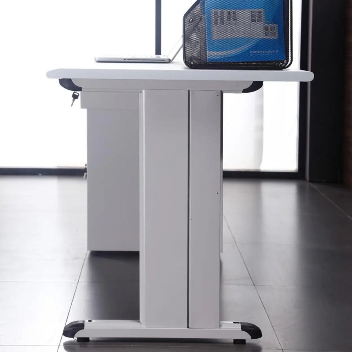 White Metal Computer Desk with Cabinets and Storage Image - 9