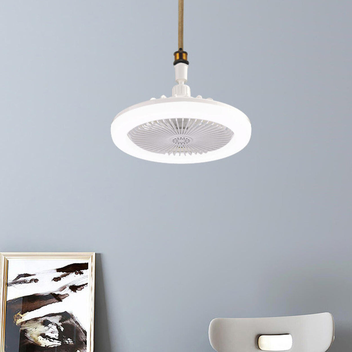 White Minimalist Contemporary Round Ceiling Fan Light Image - 1