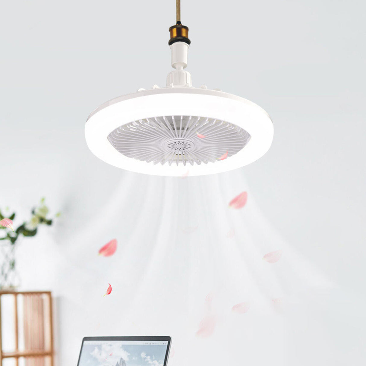 White Minimalist Contemporary Round Ceiling Fan Light Image - 4