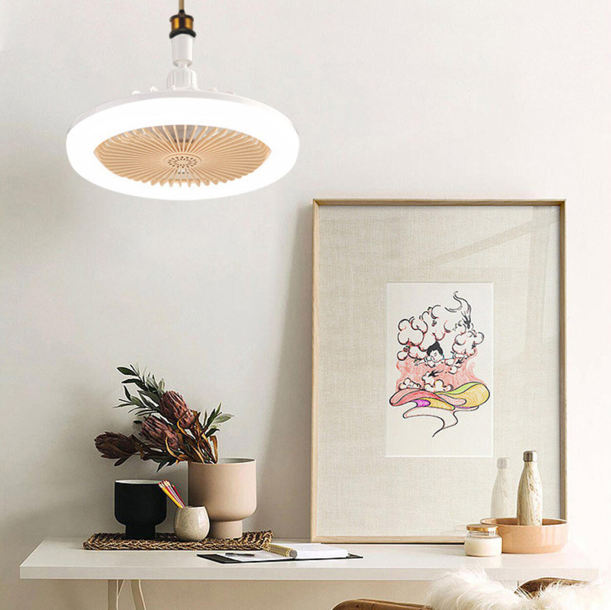 White Minimalist Contemporary Round Ceiling Fan Light Image - 7