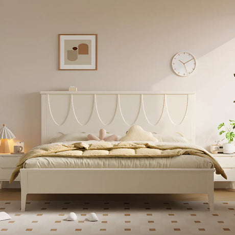 White Minimalist Pine Wood Headboard Storage Included Bed Image - 1