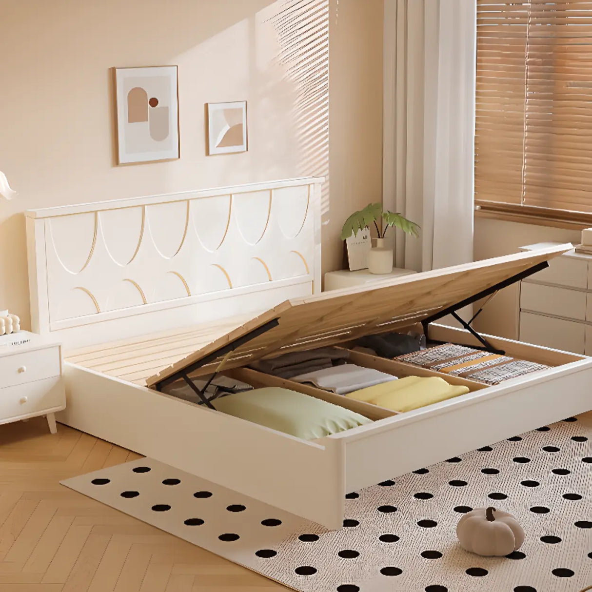 White Minimalist Pine Wood Headboard Storage Included Bed Image - 10