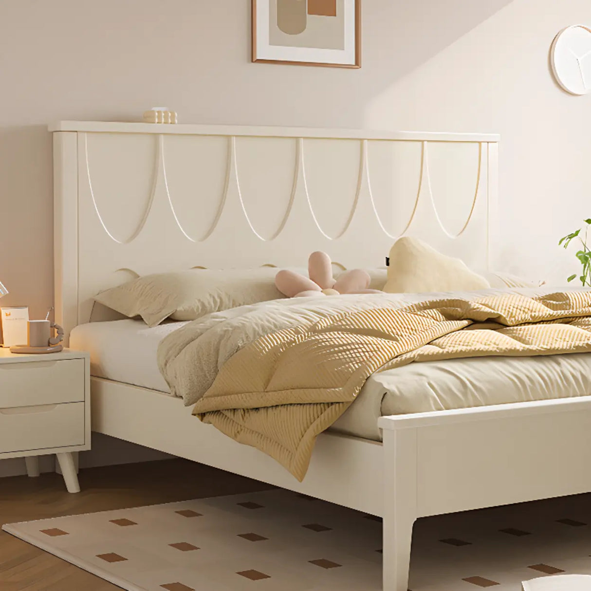 White Minimalist Pine Wood Headboard Storage Included Bed Image - 3