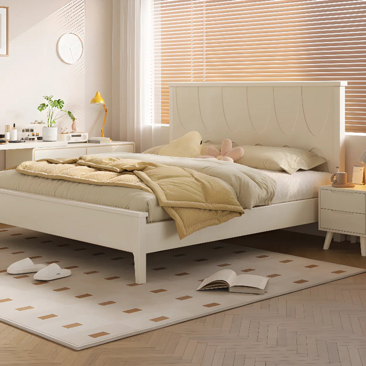 White Minimalist Pine Wood Headboard Storage Included Bed Image - 4