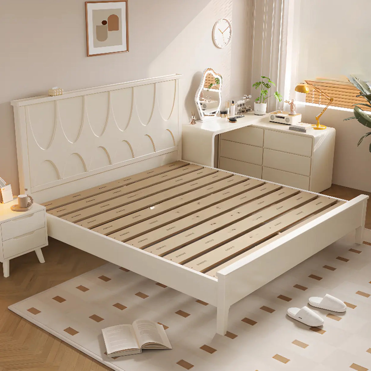 White Minimalist Pine Wood Headboard Storage Included Bed Image - 5