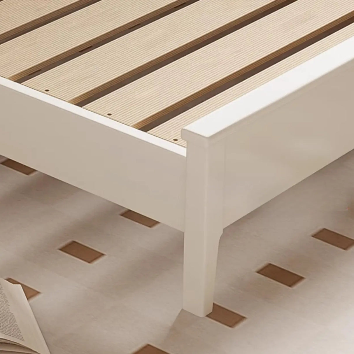 White Minimalist Pine Wood Headboard Storage Included Bed Image - 9