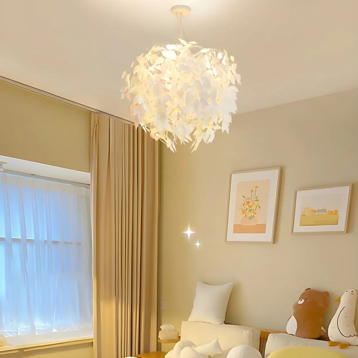White Modern Leaf Chandeliers Bedroom Adjustable Height Image - 1