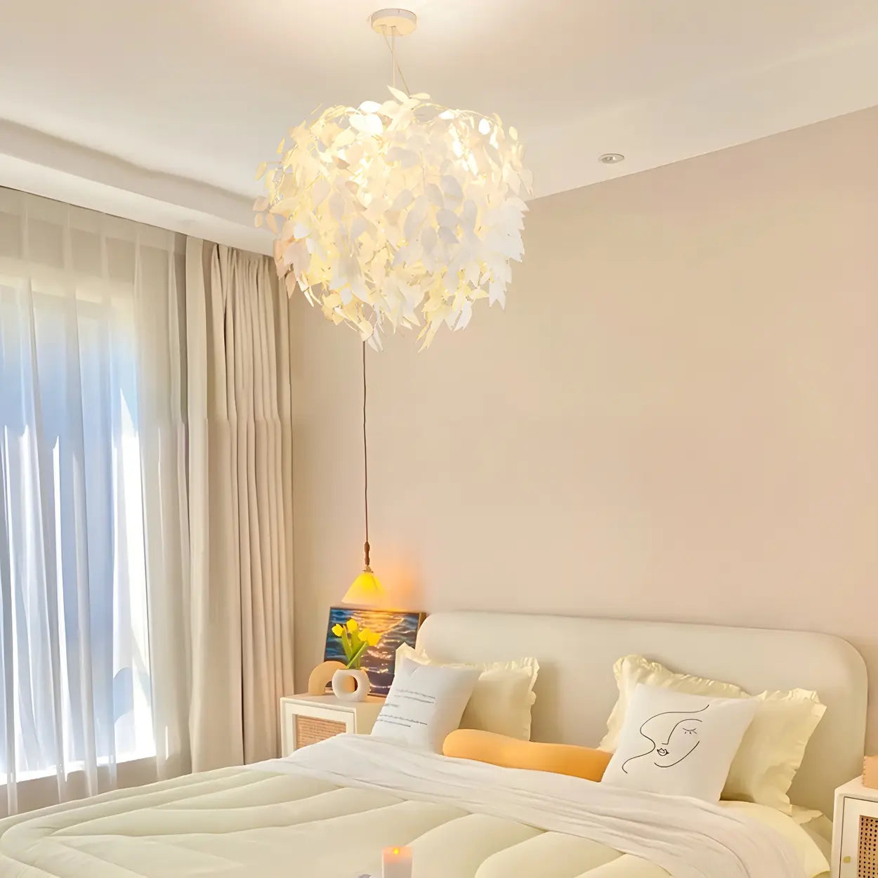 White Modern Leaf Chandeliers Bedroom Adjustable Height Image - 3