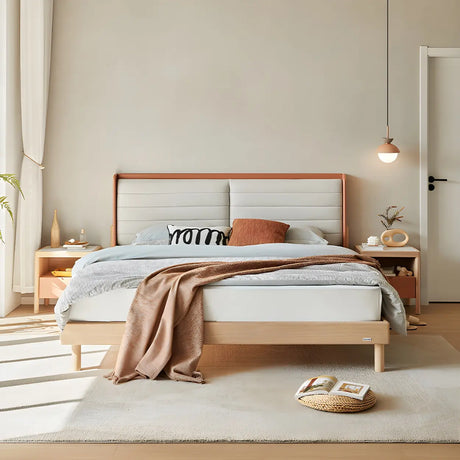 White Modern Queen Solid Wood Upholstered Wingback Bed Image - 1