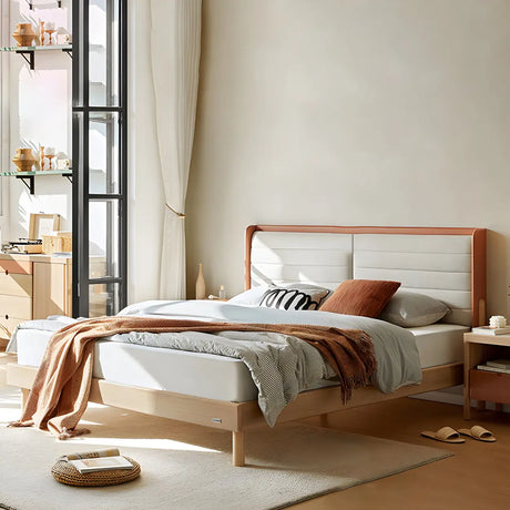 White Modern Queen Solid Wood Upholstered Wingback Bed Image - 2
