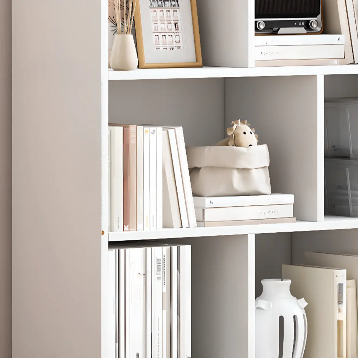 White Modish Vertical Wood Rectangular Storage Bookcase Image - 11